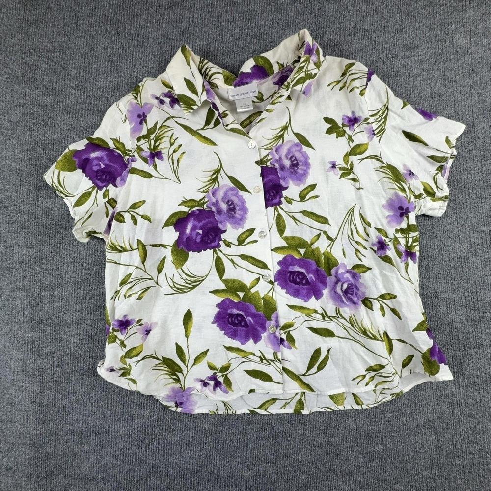 Susan Graver Shirt Womens 3X White Purple Floral Button‎ Front Short Sleeve Top